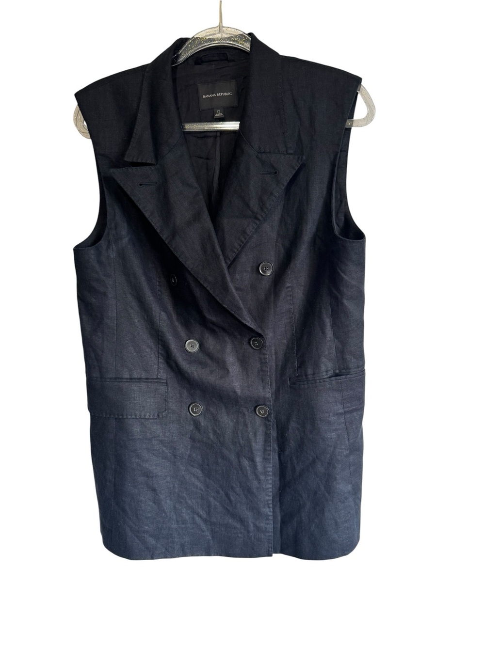 Banana Republic Palma Linen Long Blazer Vest Black V Neck Double Breasted Sz 12